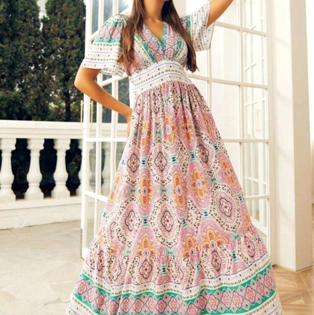 Multicolor Boho Floral and Tribal Print Maxi Dress